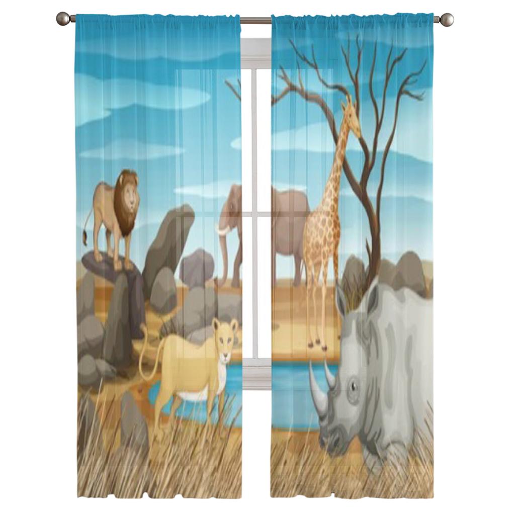 Wild Animals In The Field Sheer Curtains for Living Room Transparent Tulle Window Curtain Bedroom Kitchen Home Decor Veil Drapes