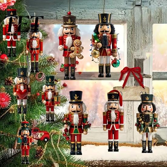 Decorative Nutcracker Set for Home Christmas Ornaments, Durable Wooden Hanging Figurines, Country Style Ornaments Decorations, Tree Pendants
