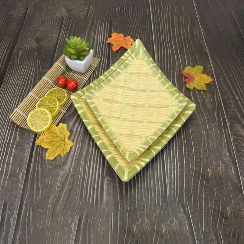 Restaurant Imitation Bamboo Weaving Hot Pot Vegetable Plate Melamine Green Barbecue Plate Multiple Styles Vegetable Fruit Tray