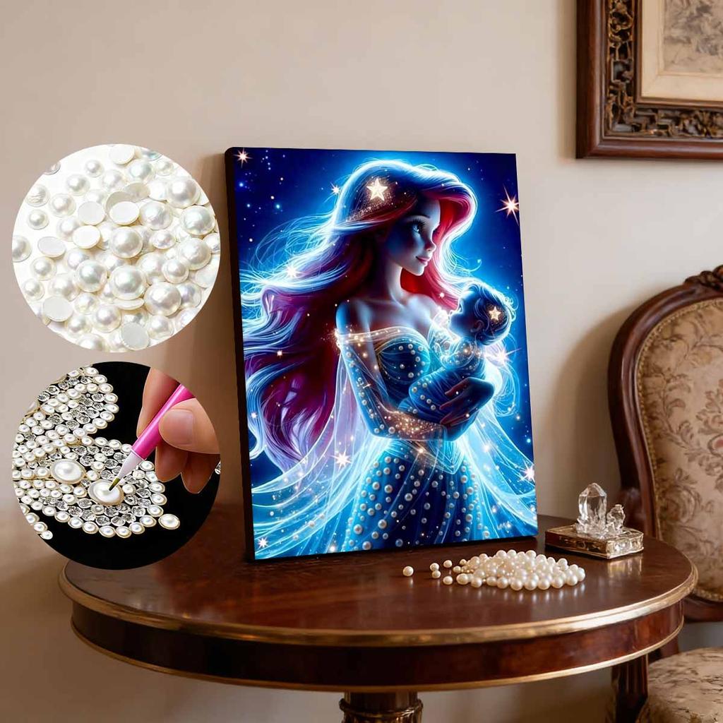 Pearl Inlaid Ariel Holding Baby Craft Painting Parent-child Theme Fantasy Starry Sky Starlight Element Handmade Art Painting