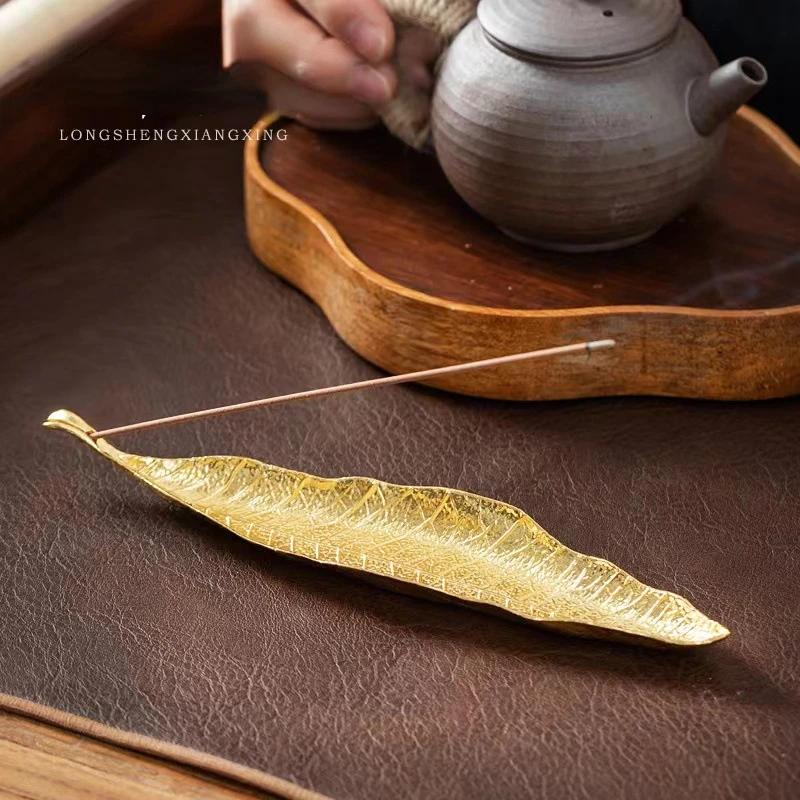 21cm Antique Incense Burner Alloy Bodhi Leaf Sandalwood OUDH Stick Incense Holders Metal Incense Base for Desk Home Decor