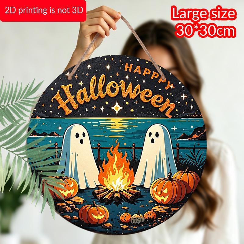 2D Flat, 1pc Decorative Plaques and Ornaments Sign, Round Aluminum Happy Halloween Coastal Ghost Hanging Plaque, Campfire Pumpkin Starry Farmhouse