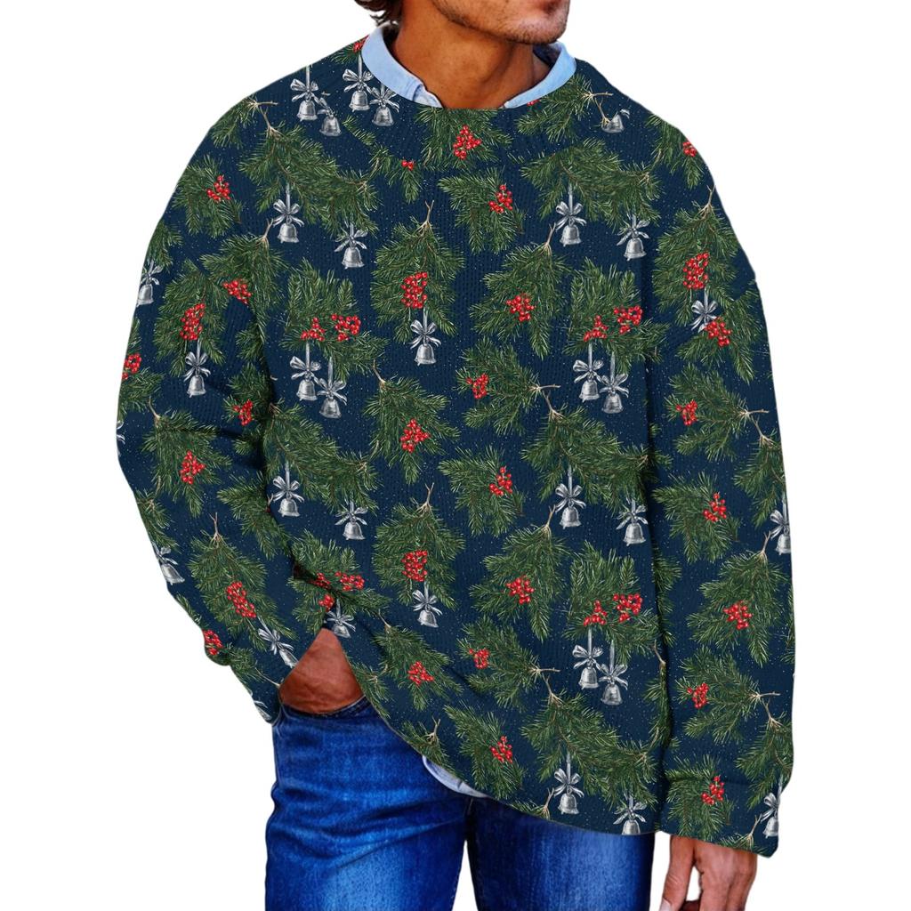 Men's Neck Christmas Print Knit Sweater for Fall and Winter