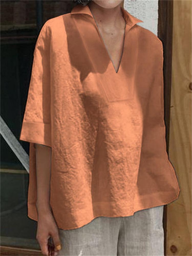 2025 Spring/Summer European-American V-Neck Cotton-Linen Solid Color Loose Mid-Sleeve Women's Shirt