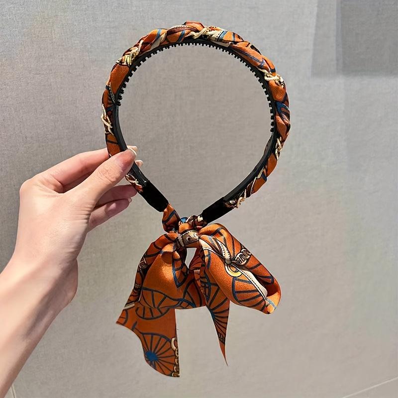 3PCS Retro Chain Long Streamer Hairpin Headband Women's Braided Hair Integrated Lace-up Headband Silk Scarf Ribbon Bridal Headdress