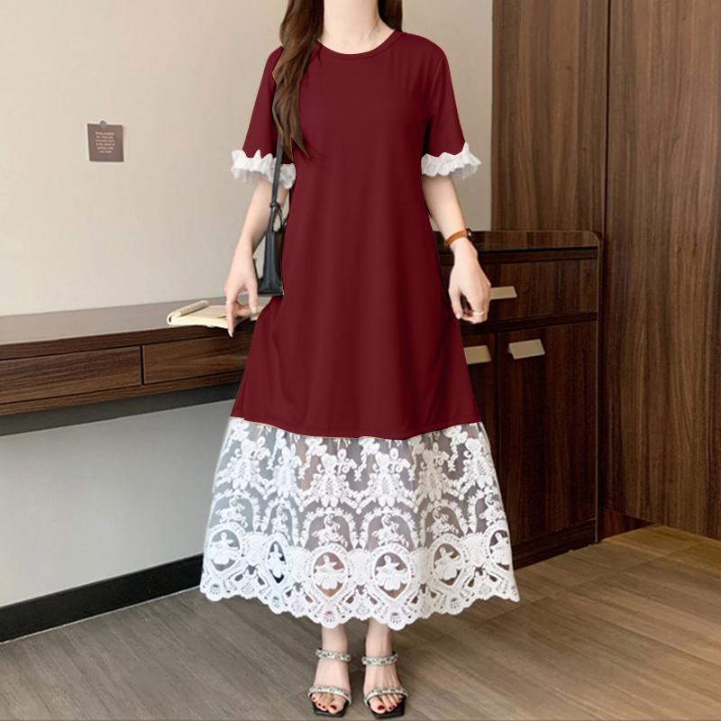 

ZANZEA Women Summer Lace Splice Casual Round Neck Short Sleeve Dress 5XL вина червоного кольору