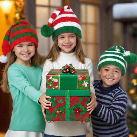 Santa Hat Red White Green Striped Print Knitted Christmas Hat with Plush Ball Decor Holiday Accessory