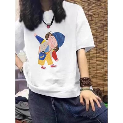 Plus-Size Women's Navy Blue Pure Cotton Short-Sleeve T-Shirt, Summer 2026 New Japanese-Style Cartoon Slimming and Figure-Flattering Top