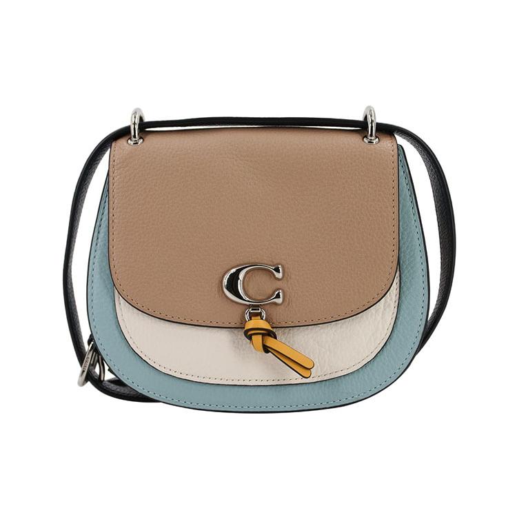 

New COACH Remi Leather Saddle Bag, Crossbody Bag, Shoulder Bag Women s Khaki & White Sky Blue 1330-SVUM 20.1*8.1*17.0CM