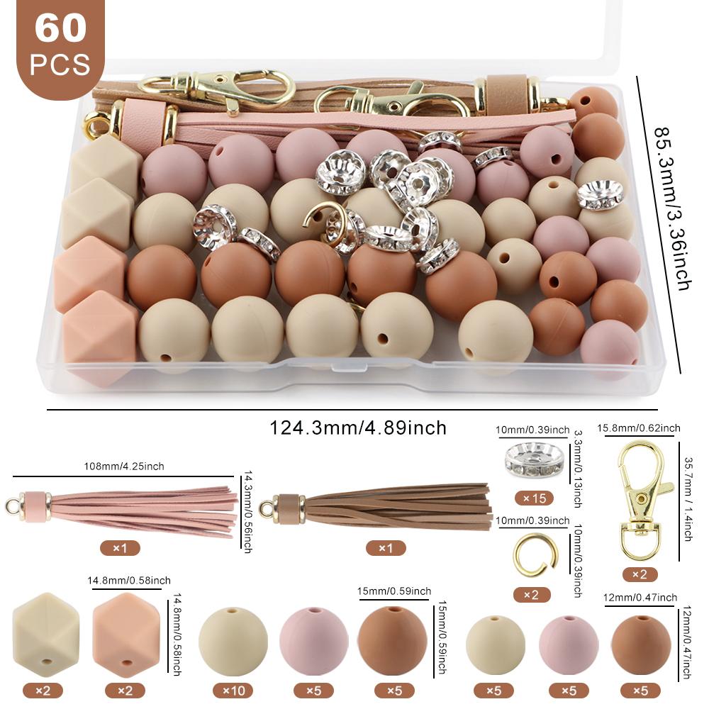 New 60Pcs/Box Leather Keychain Tassels Silicone Bead Round Hexagon Lentil For Jewelry Making DIY Keychain Bracelet Accessories