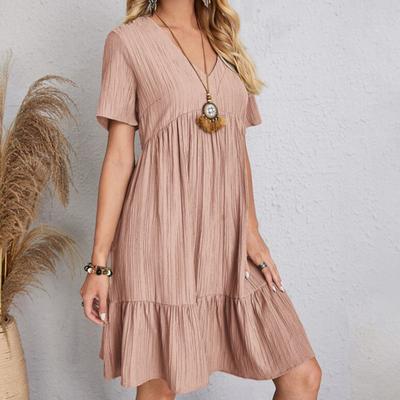 Summer Dress for Women Short Sleeve Pleated V Neck Dress Tiered Swing A Line Dress Casual Flowy Beach Sundress