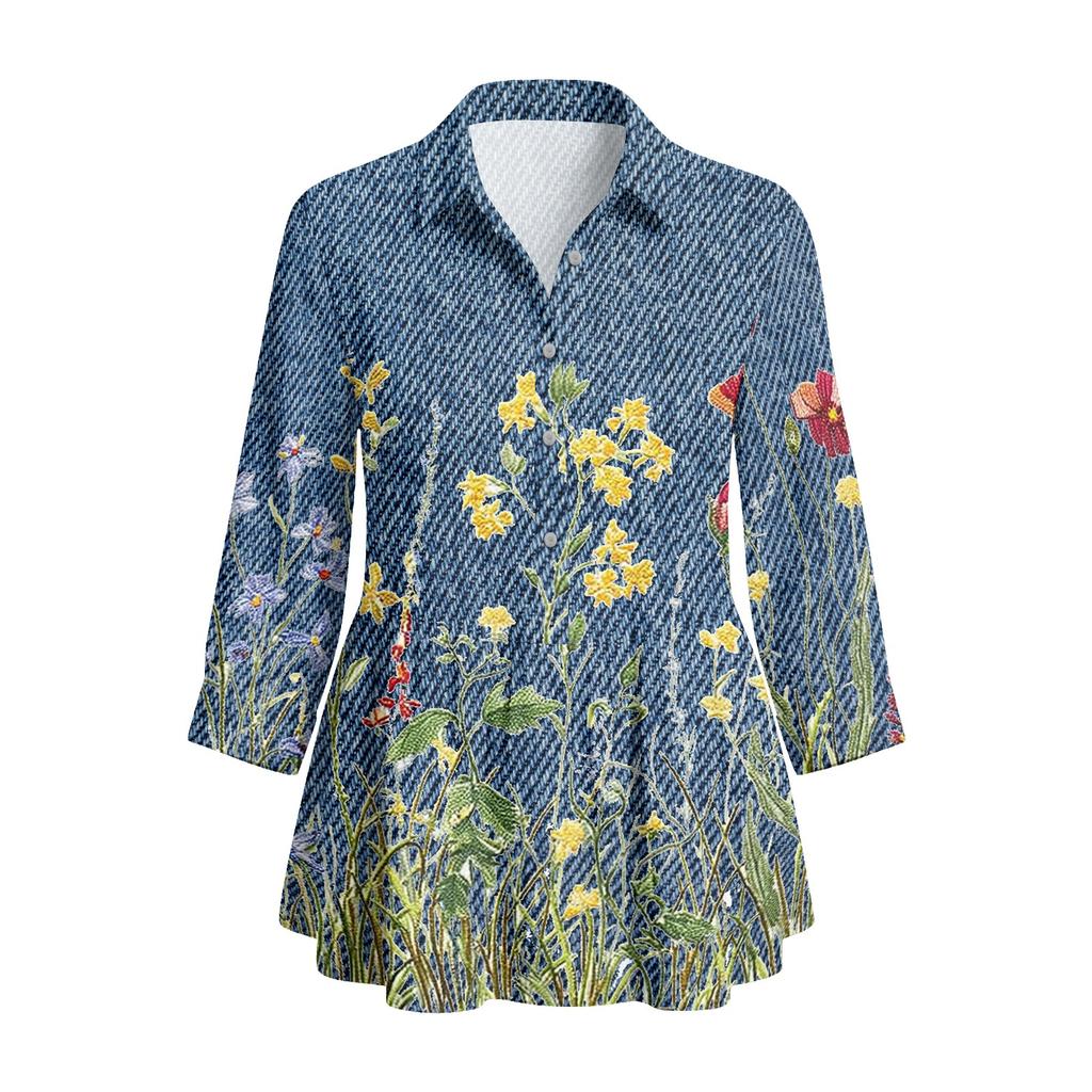 Women's Button Front Shirt Vintage Floral Print Three Quarter Sleeve Loose Fit Collar Top Casual Blouse