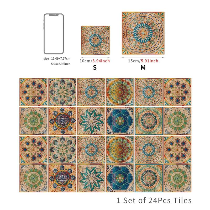24PCS Moroccan Wall Sticker Self-adhesive Tile Stickers for Kitchen Bathroom Mandala Patterned Art Waterproof Wall Sticker Decal