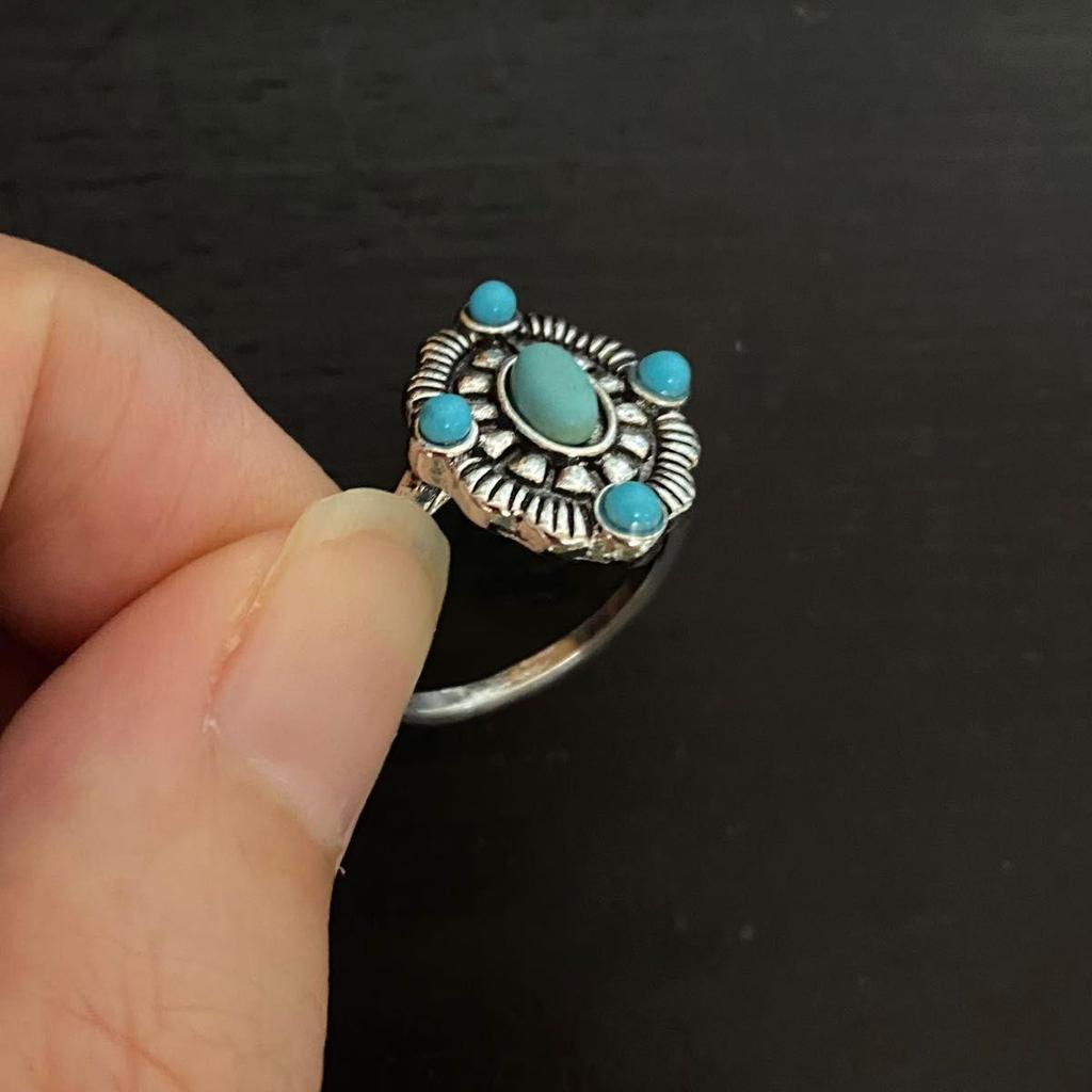 Used Turquoise ring size 16 ring vintage antique silver color Indian jewelry Mexican jewelry