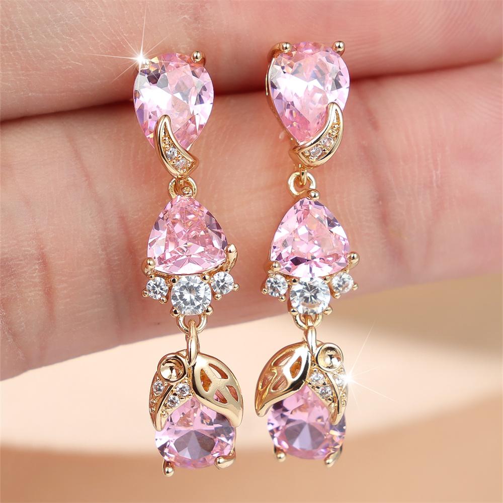 Pink Zircon Water Drop Stone Tassel Pendant Stud Earrings for Women Vintage Fashion Gold Color Wedding Jewelry Mother's Day Gift