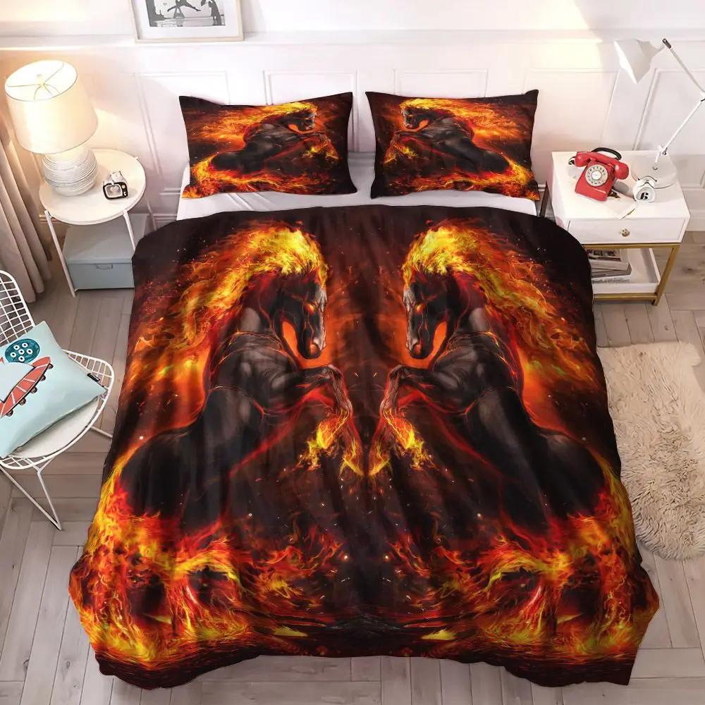 Ice And Fire Riding Horse Duvet Cover Set King SizeFlame Horsing Bedding SetWestern Cowboy Exotic Farmhouse Comforter Cover