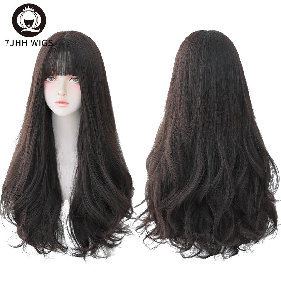 7jhh Wigs Popular Brown Ash Long Deep Wave Hair Lolita Wigs With Bangs Synthetic Wig For Women Fashion Thick Curls Wigs Girl