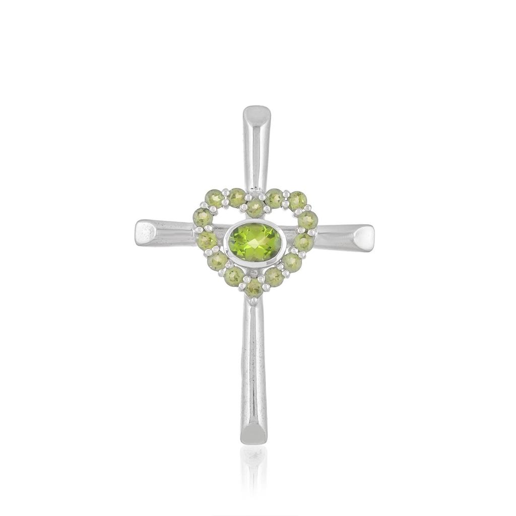 Peridot Cross Pendant: Sterling Silver Heart Charm