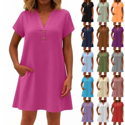 Women's Fashionable Solid Color V Neck Button Short Sleeved Pullover Dress