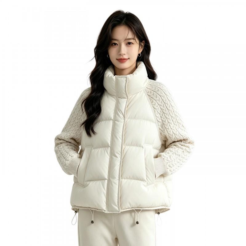 Womens Short Stand Collar Knit Panel Puffer Jacket Winter Warm Loose Cotton Coat