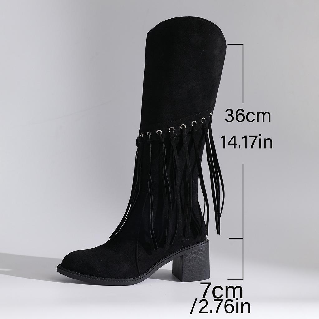 Women's Fringe Brown Boots Side Zipper Retro Long Boots Suede Knee High Plus Size 36-43 Autumn Chunky High Heel Bottes Femmes