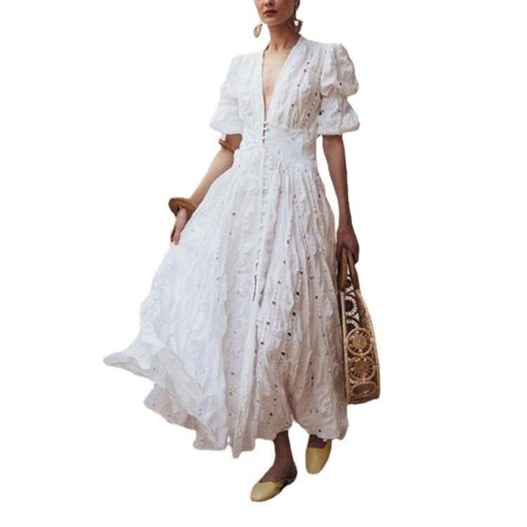 Damen Elegantes Maxikleid Sommer Spitze Tiefes V-Ausschnitt Puffärmel