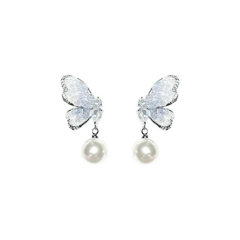 Crystal Butterfly Elegant Earrings, Women'S Fashionable And Versatile Pearl Earrings With Niche Design, Light Luxury And High-End Temperament Earrings