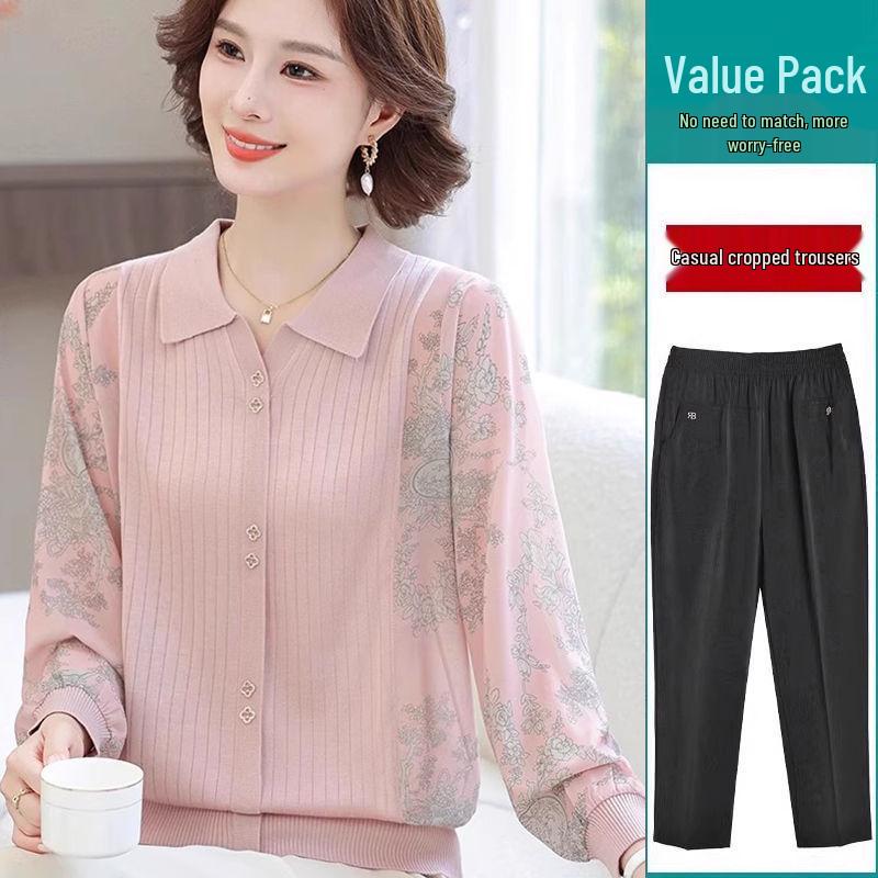 Frühling 2025 Damen Langarm Strick-T-Shirt mit Gazeärmeln für Mütter mittleren und höheren Alters