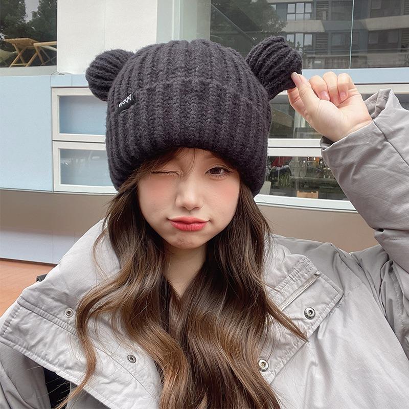 Cat ear knitted wool hat children autumn and winter plush thickened fashion versatile big head circumference ear protector cold hat
