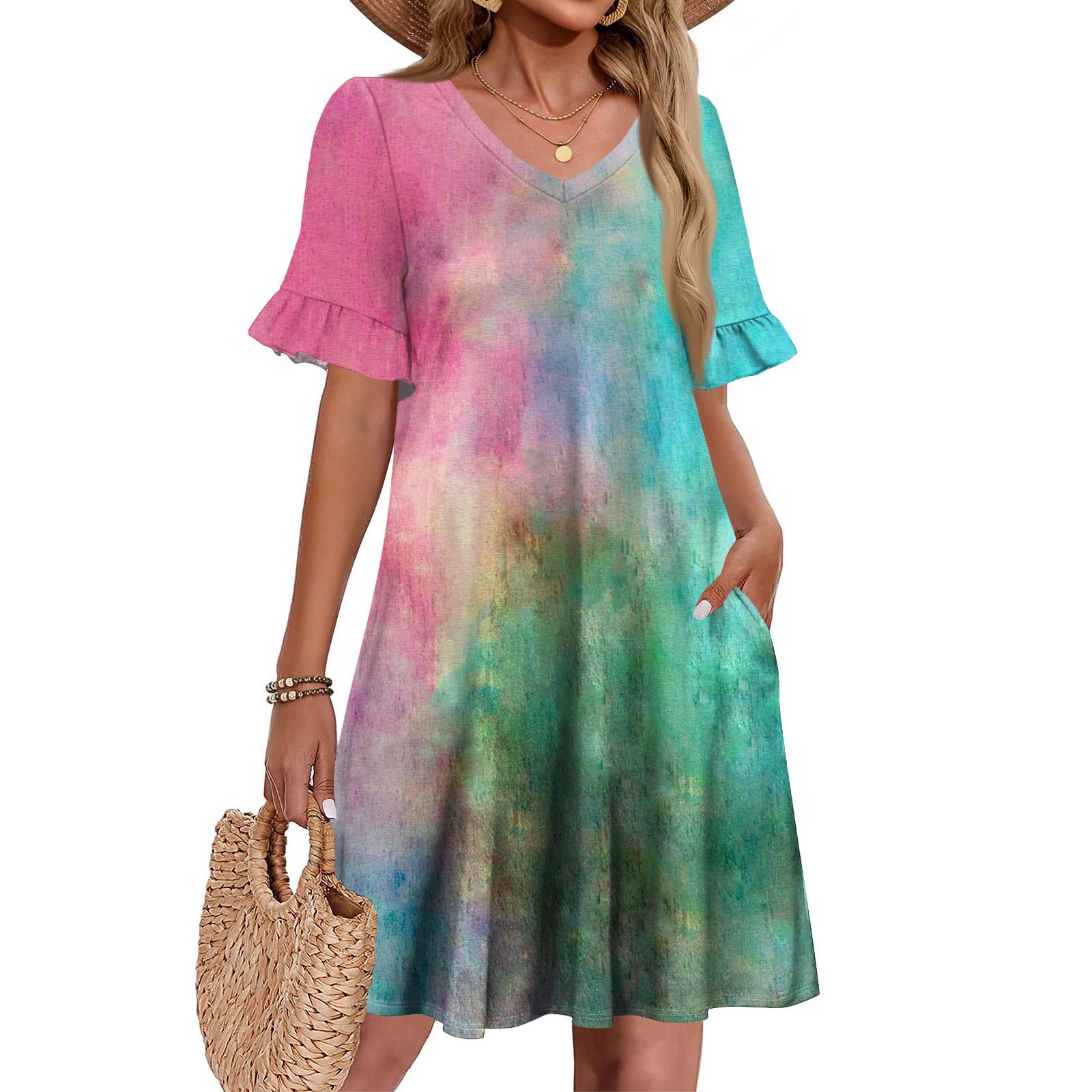 

Жіноча сукня-трапеція для сонячної погоди, з коротким рукавом, V-подібним вирізом, принтована, з кишенями L