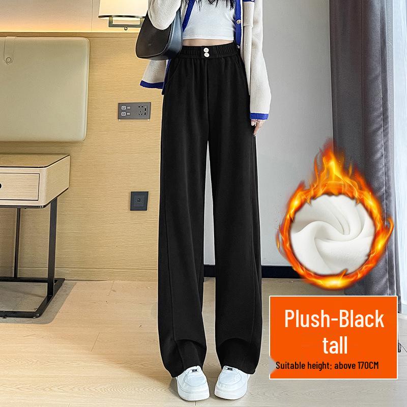 2024 Plus Size Fleece-Lined High Waist Wide Leg Pants for Women - Slimming Casual Autumn Winter Wear