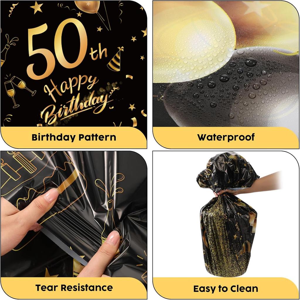 Oudain 3 Pack 50th/70th/80th Round Birthday Tablecloth Black and Gold Happy Birthday Party Decorations 84 inch Disposable Plastic Table Cover