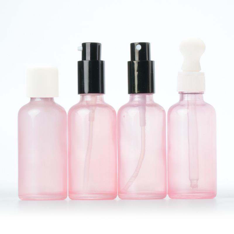 Pink Glass Perfume Bottle with Spray, Screw Cap, Essential Oil Dropper, and Lotion Dispenser