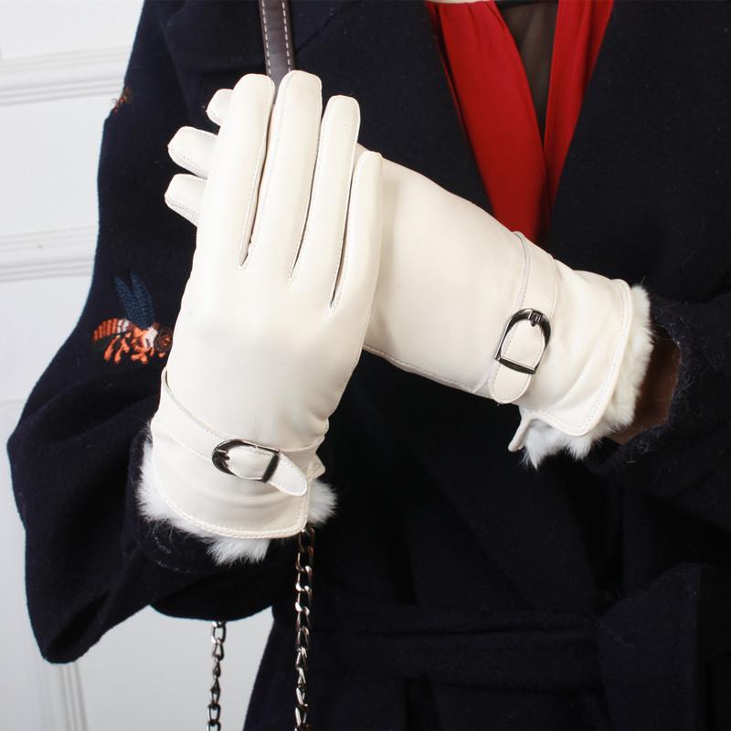 Female Rabbit Fur mouth Women's Dirtbike Rider Riding Gloves Velvet Winter Warm Genuine Leather Sheepskin Thermal Driving Items