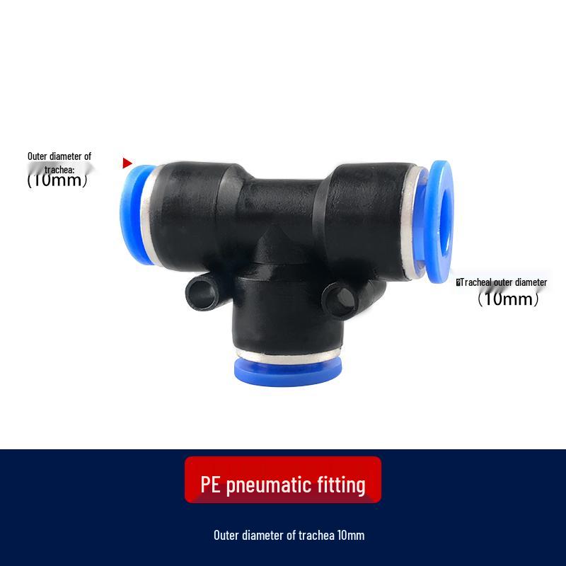 T-Type Pneumatic Hose Quick Connector, Push-in, PE Plastic, Sizes 4-16mm