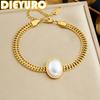 DIEYURO 316L Stainless Steel Oval Shaped Imitation Of Pearl Golden Wide Woven Bracelet Lady Trend Classic Hand Chain Jewelry