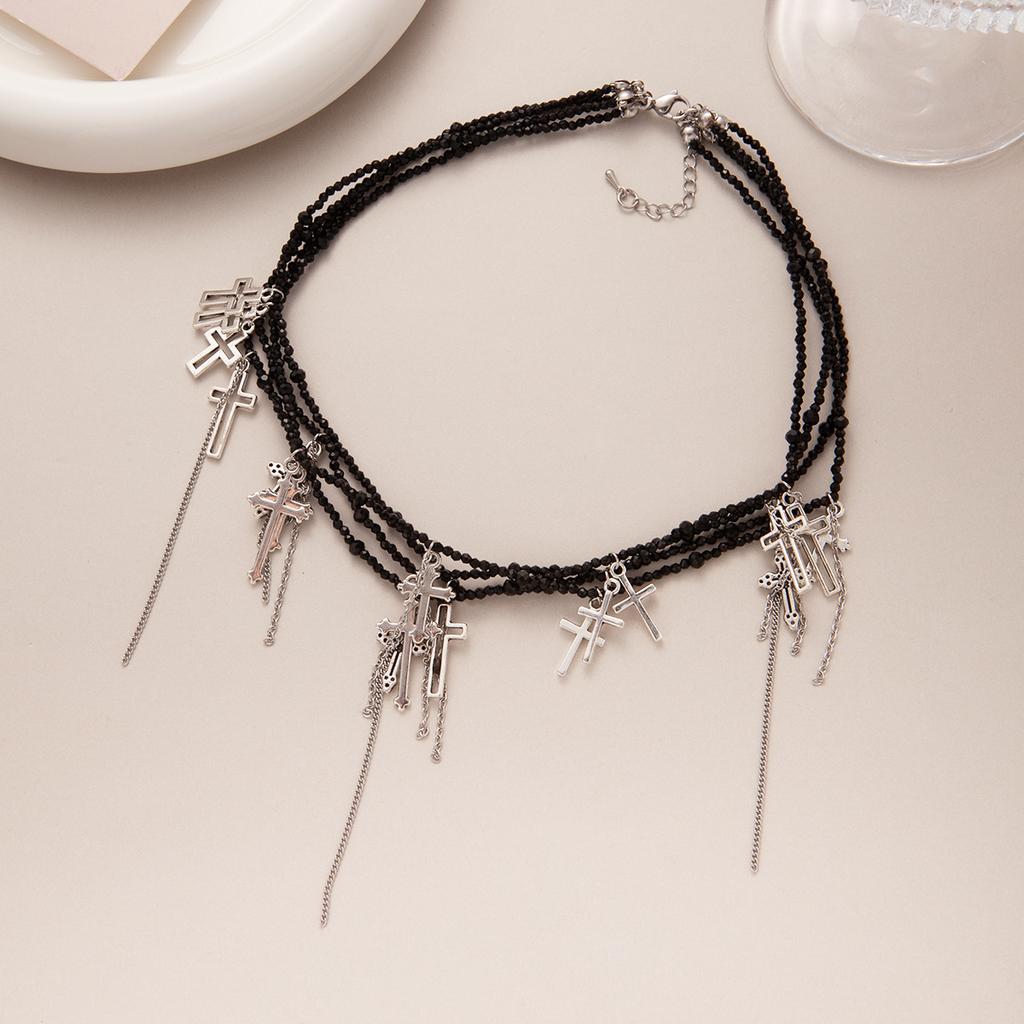 Hip Hop Style Neck Chain Vintage Cross Tassel Multi-Layer Crystal Necklace Heavy Industry Personality Clavicle Chain