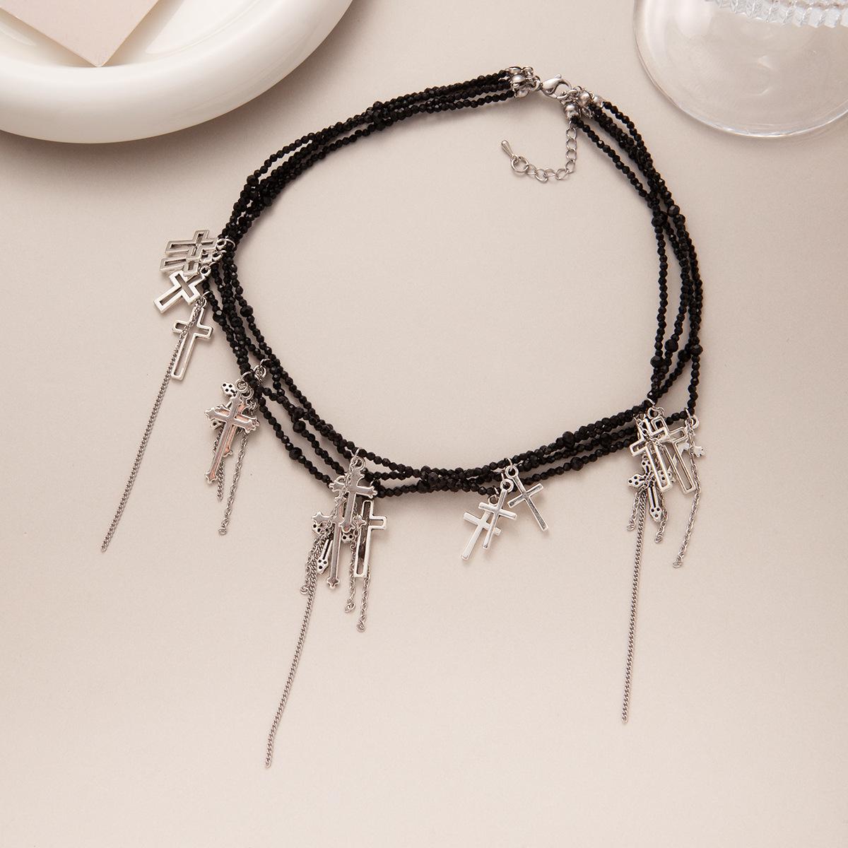 

Hip Hop Style Neck Chain Vintage Cross Tassel Multi-Layer Crystal Necklace Heavy Industry Personality Clavicle Chain
