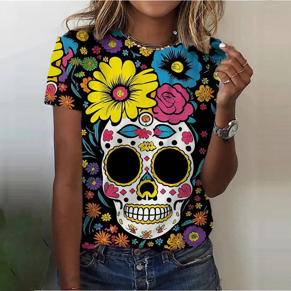 Women's 3D skull print retro T-shirt, round neck short sleeved T-shirt, Harajuku Y2K large T-shirt, women's clothing