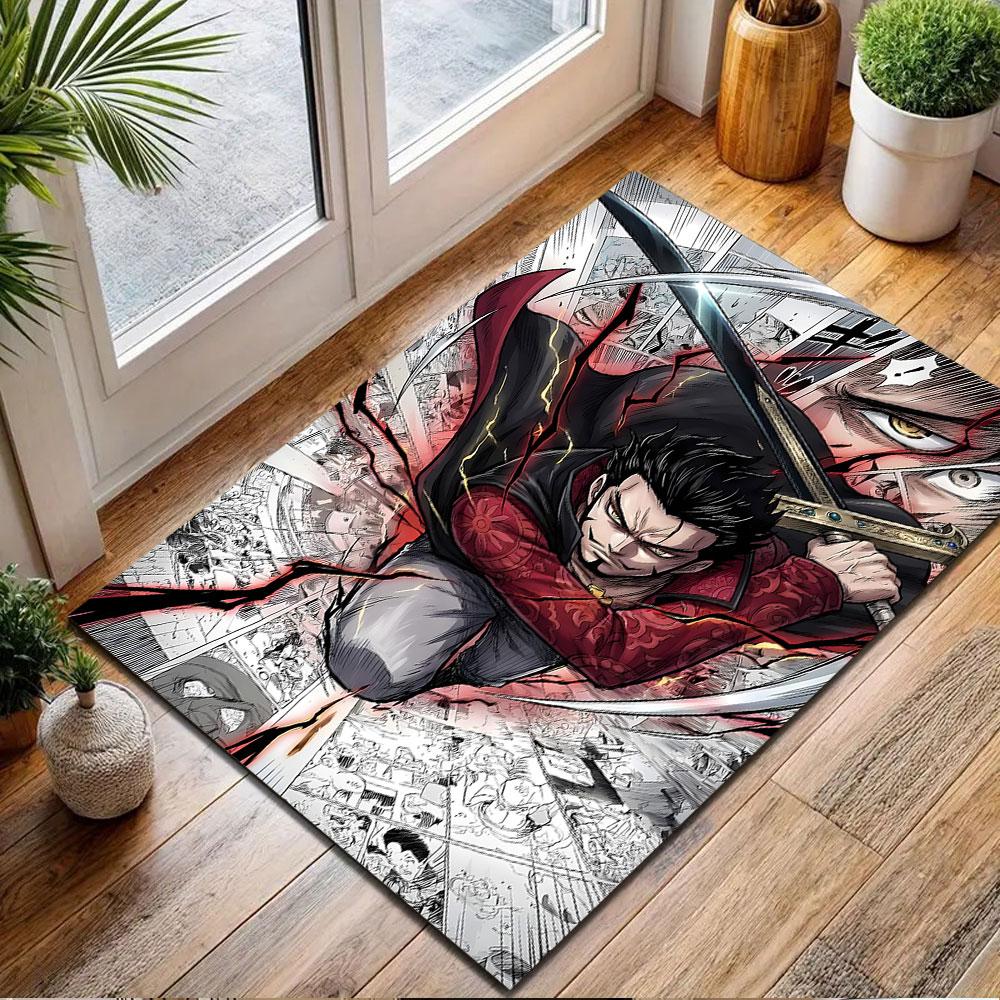 Dynamic Anime Swordfighter Design Patterned Carpet, Non Slip Mat Suitable for Living Room and Bedroom Sofas