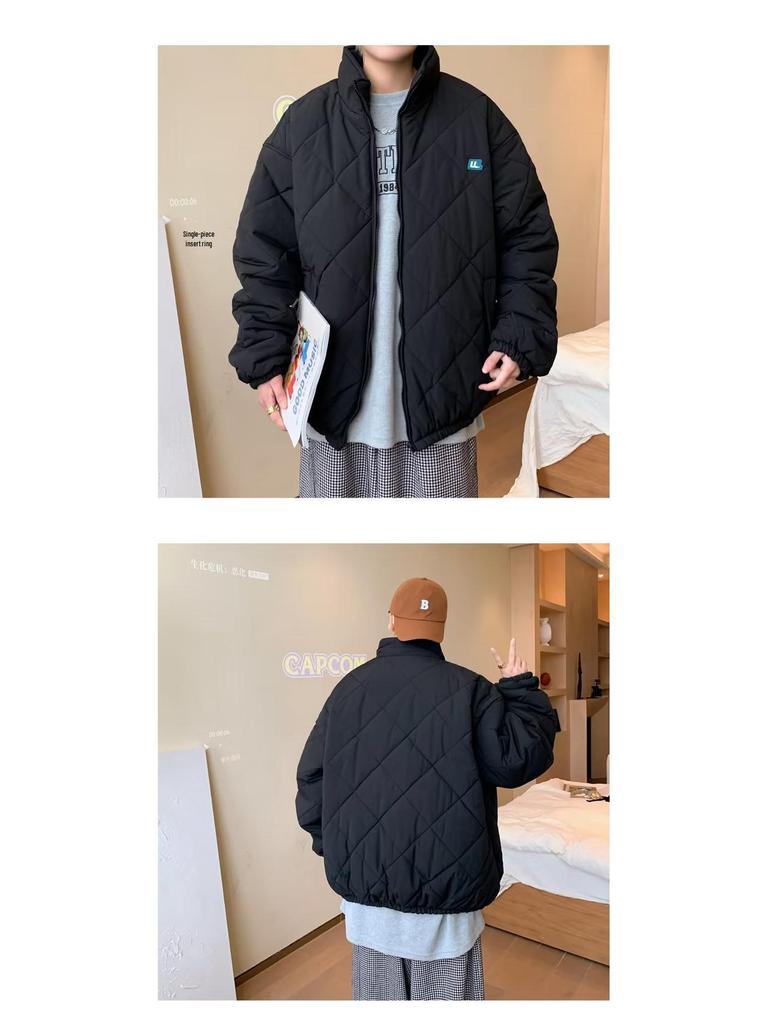Men's Retro Diamond Lattice Cotton Padded Baseball Jacket - Trendy Stand Collar Winter Coat