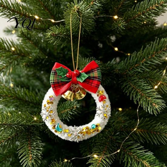 Christmas Atmosphere Decorations Mini Wreath Ornament, Hanging Decoration with Plaid Bow And Festive Door Ornaments Metal Bells, Handmade Plush