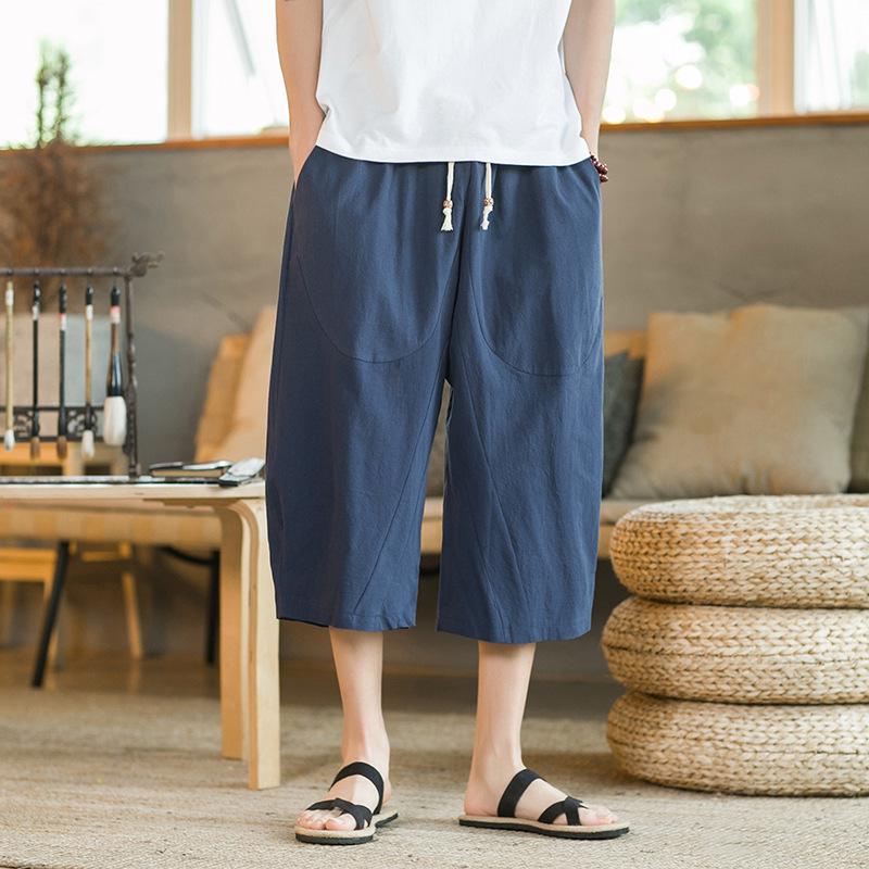 Men's Cropped Chinese Style Linen Shorts - Summer Wide-Leg 7-Point Casual Trousers