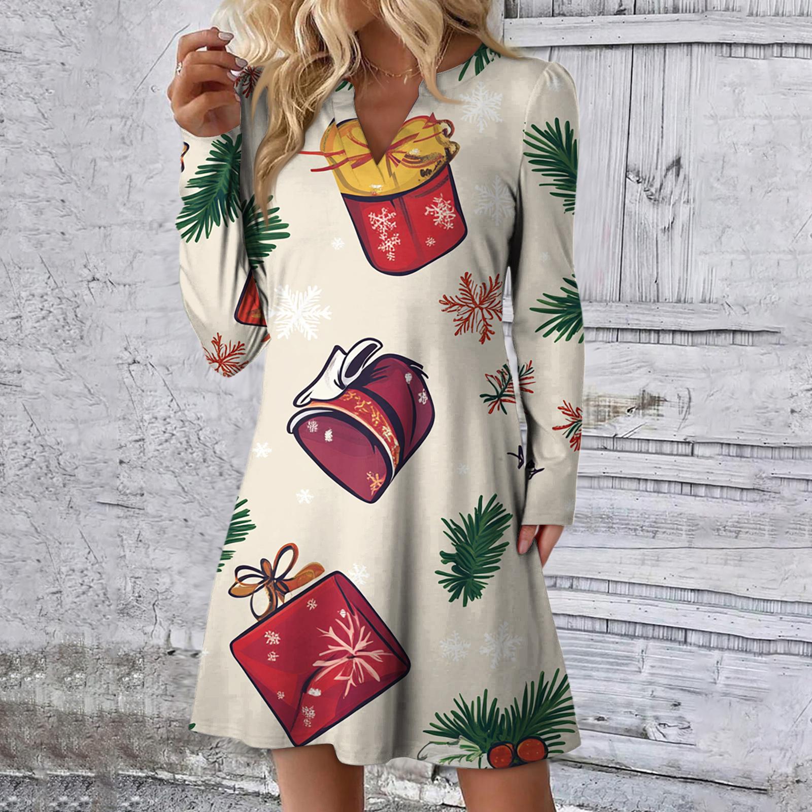 

Женское рождественское платье с принтом, свободное, с V-образным вырезом, повседневное платье с длинными рукавами XXL