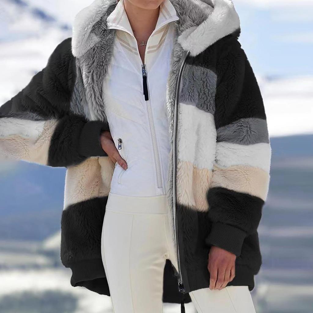 Manteau à capuche pour femmes, mode épissage, ample, peluche, manches longues, fermeture éclair, poche, hiver