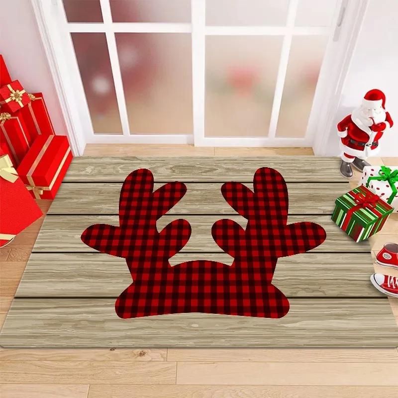 Weihnachts-Fußmatte mit festlichen Mustern wie Schleifen Stechpalmen Weihnachtsmann Rentier Karomuster Geweih Rutschfest Willkommen Eingang Ru
