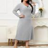 Women's casual long dress with long sleeves V-neck solid color wood earrings plus size dress