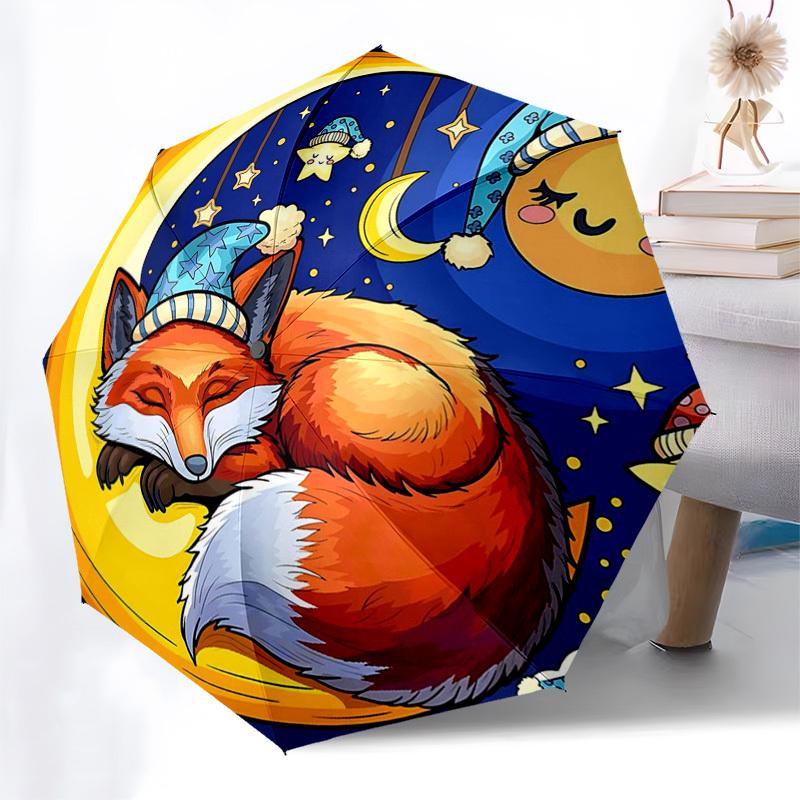 

1pc Sleepy Fox Moon & Stars Auto Open Close Umbrella - Portable 3-Fold Design with 8-Bone Iron Frame - Outdoor - Perfect Gift for Fans, Travelers, Dai