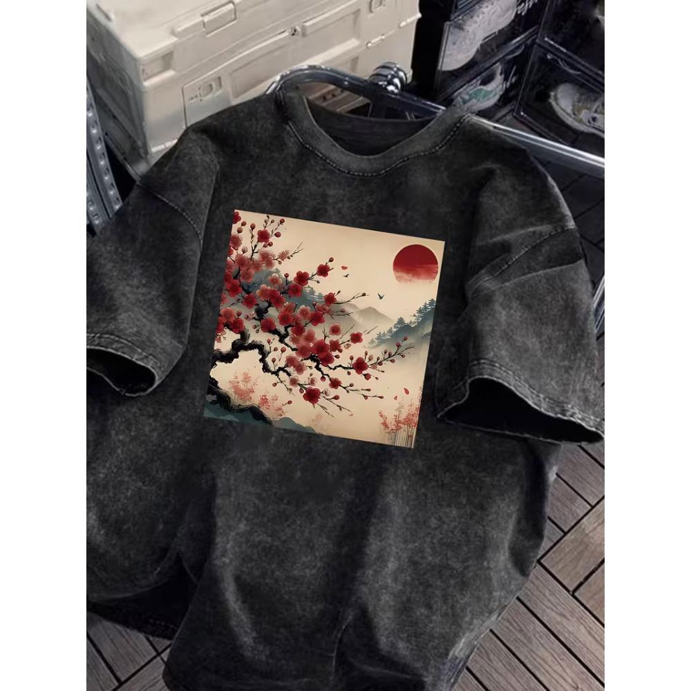 Gewaschenes Baumwoll-T-Shirt mit Kirschblüten-Print Retro-Blumen-Grafik-T-Shirt Lässig Locker Kurzarm für