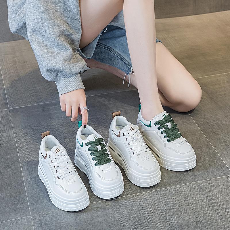 Small Inner Height Increase Women's Shoes 2025 New Small Size Thick-soled Slope Heel Casual Single Shoes Breathable Lace-up White Shoes Women